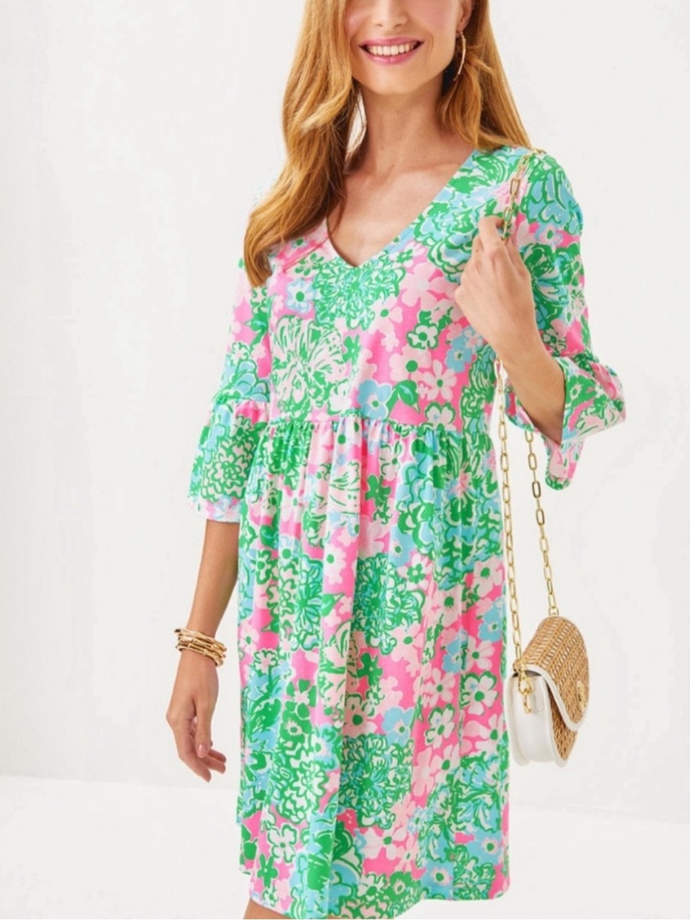 Lilly Pulitzer Pink and Green Floral V-Neck Shift Dress Size Large